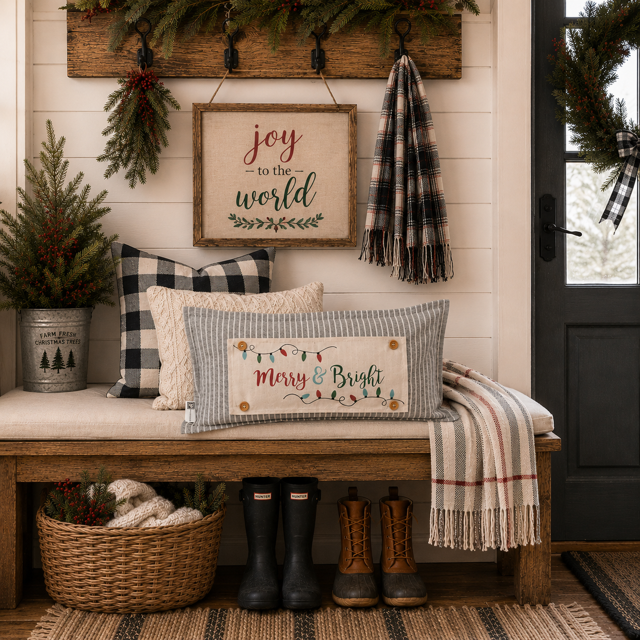 PANEL ONLY RECTANGLE:  Holiday Panel: Winter, Christmas Lights, String of Lights, Farmhouse, Red, Green, Blue ; MERRY & BRIGHT