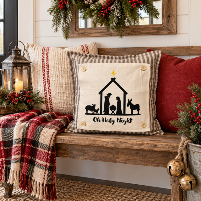 PANEL ONLY: SQUARE Christmas Christ Mary Joseph Stable Star: NATIVITY OH HOLY NIGHT SQUARE