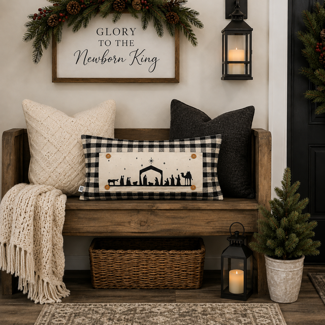 NEW! RECTANGLE WINTER BUNDLE:  3 seasons + BUFFALO CHECK REC. pillow: NATIVITY, 3 SNOWMEN, CONVERSATION HEARTS