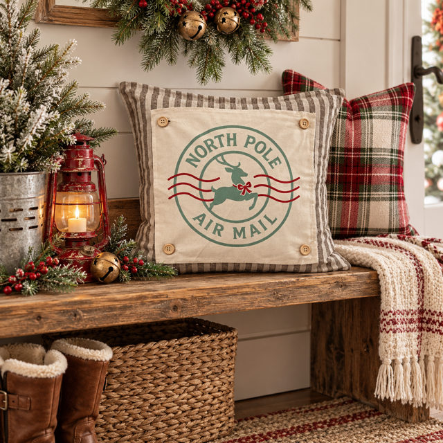 PANEL ONLY: SQUARE Christmas Green Red Reindeer; NORTH POLE STAMP