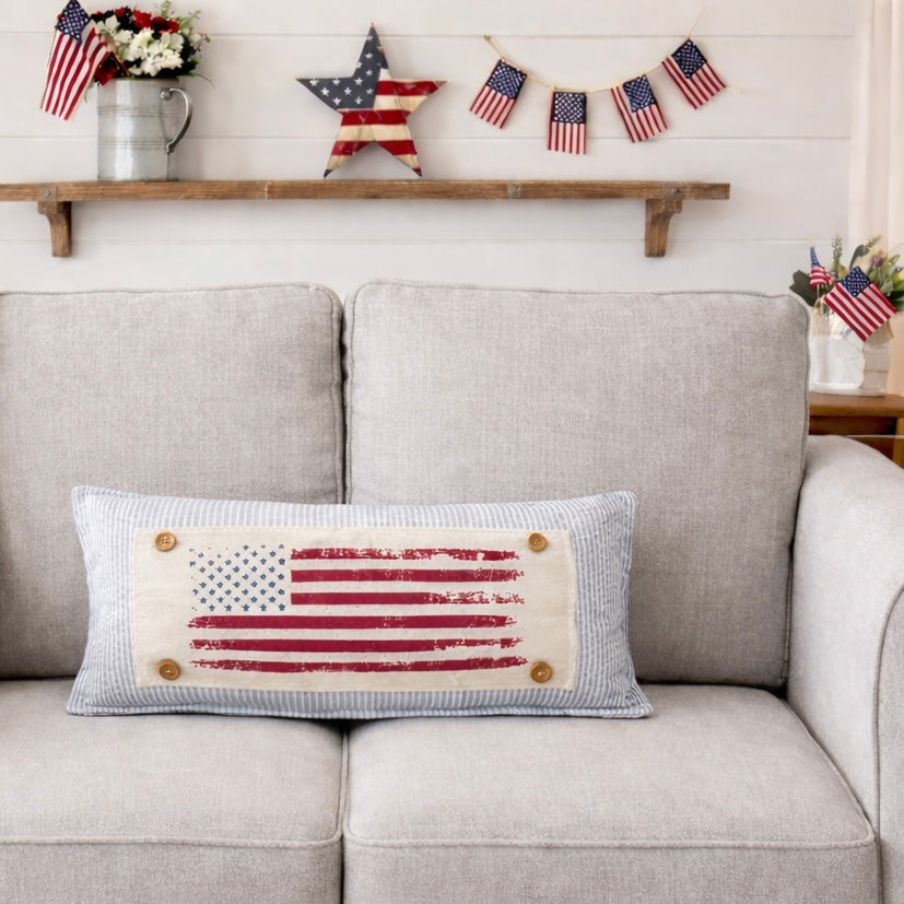 PANEL ONLY: RECTANGLE Summer American America Flag Vintage, White Wash, Faded, Well Loved; OLD GLORY