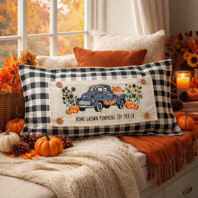 NEW! RECTANGLE GLITTER SPRING/SUMMER/FALL BUNDLE:  3 seasons + GRAY/WHITE TICKING STRIPE REC. pillow: GLITTER MOTHER'S MAKE THE WORLD GO 'ROUND, BARN QUILT, PUMPKIN TRUCK