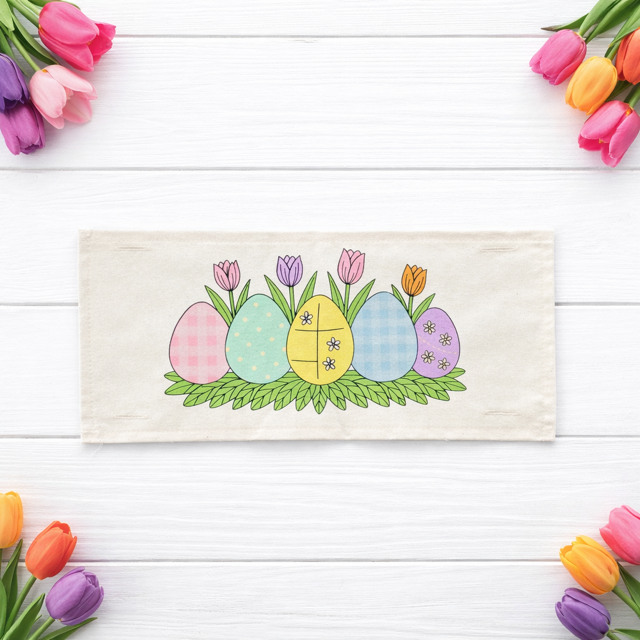 PANEL ONLY: RECTANGLE Spring, Pastel, Bunny, Buffalo Check, Checkered  Gingham; PASTEL QUILTED EGGS  with TUILIPS
