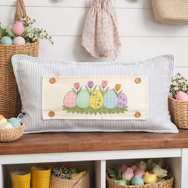 PANEL ONLY: RECTANGLE Spring, Pastel, Bunny, Buffalo Check, Checkered  Gingham; PASTEL QUILTED EGGS  with TUILIPS