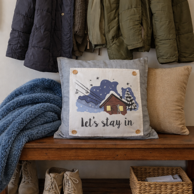 NEW! SQUARE BUNDLE SET: CHARCOAL PILLOW (comes with foam insert and these 3 panels in back pocket); Winter : LODGE, HEARTS, SPRING BOOT