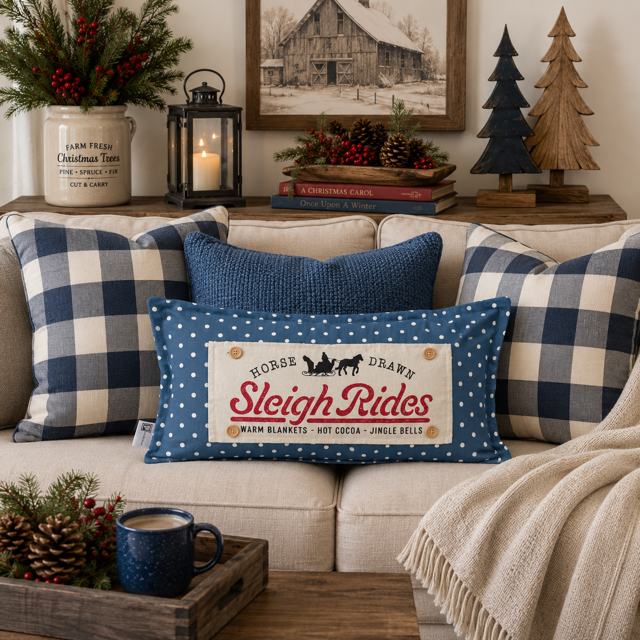 PANEL ONLY: RECTANGLE Winter; Vintage Christmas Santa Sleigh One Horse Drawn Ride; SLEIGH RIDE