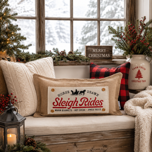 PANEL ONLY: RECTANGLE Winter; Vintage Christmas Santa Sleigh One Horse Drawn Ride; SLEIGH RIDE