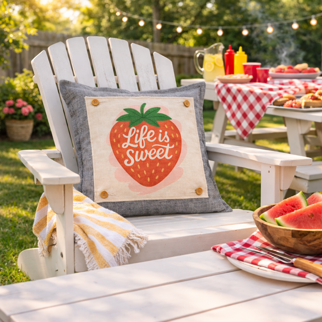 NEW! SQUARE SUMMER/FALL BUNDLE:  3 seasons +TAN POLKA DOT pillow: STRAWBERRY ICE CREAM, LAND THAT I LOVE, PUMPKIN PATCH, CUSTOM PANEL