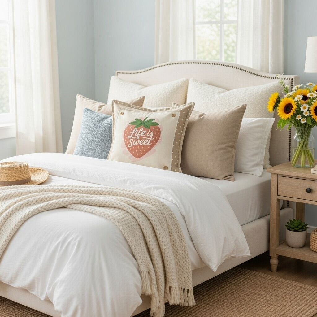 NEW! SQUARE SUMMER/FALL BUNDLE:  3 seasons +TAN POLKA DOT pillow: STRAWBERRY ICE CREAM, LAND THAT I LOVE, PUMPKIN PATCH, CUSTOM PANEL