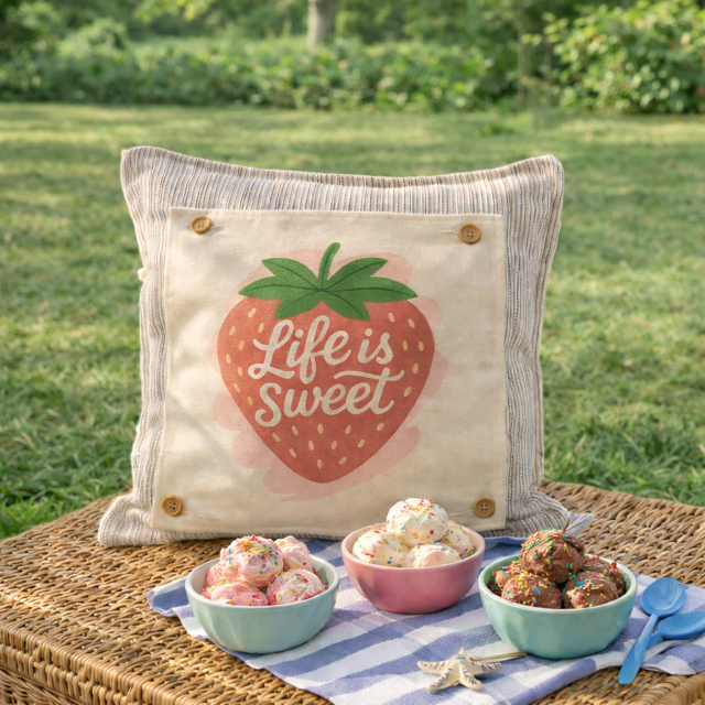 PANEL ONLY: SQUARE Spring, Summer, Garden Lover, Plants, Flowers; Life is Sweet STRAWBERRY ICE CREAM