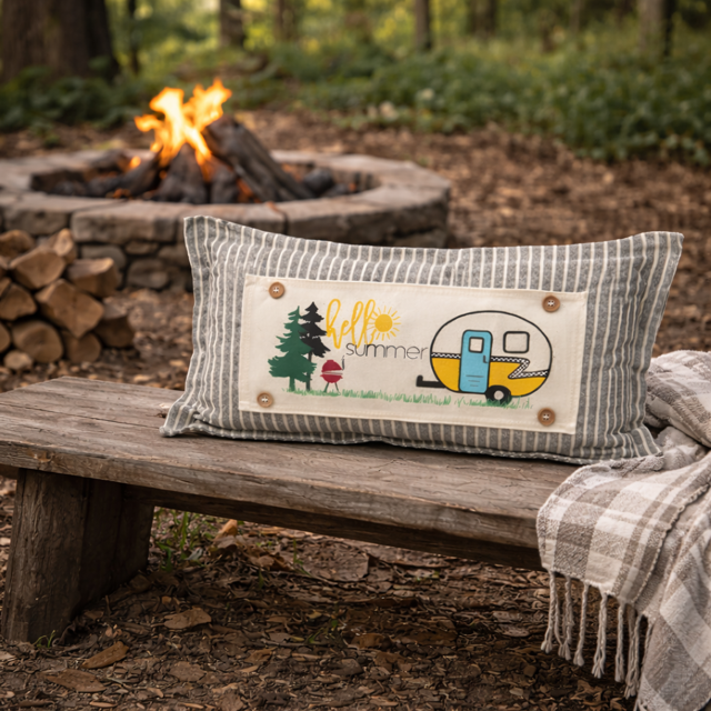 PANEL ONLY: RECTANGLE Hello BBQ Summer Vintage Camping Yellow Sunshine Camper, SUMMER CAMPER