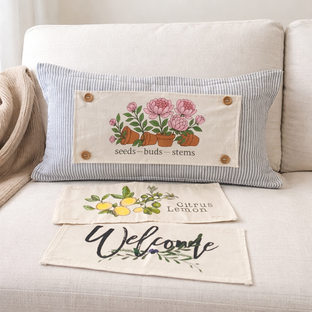NEW! RECTANGLE SUMMER/FALL BUNDLE:  3 seasons + TICKING STRIPES pillow:  PEONIES, CITRUS LEMON, OLD WELCOME