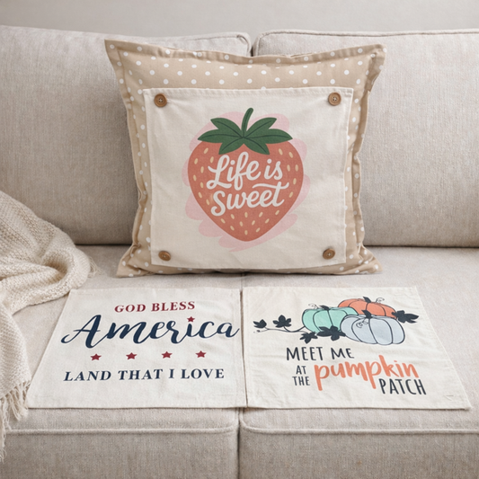 NEW! SQUARE SUMMER/FALL BUNDLE:  3 seasons +TAN POLKA DOT pillow: STRAWBERRY ICE CREAM, LAND THAT I LOVE, PUMPKIN PATCH, CUSTOM PANEL