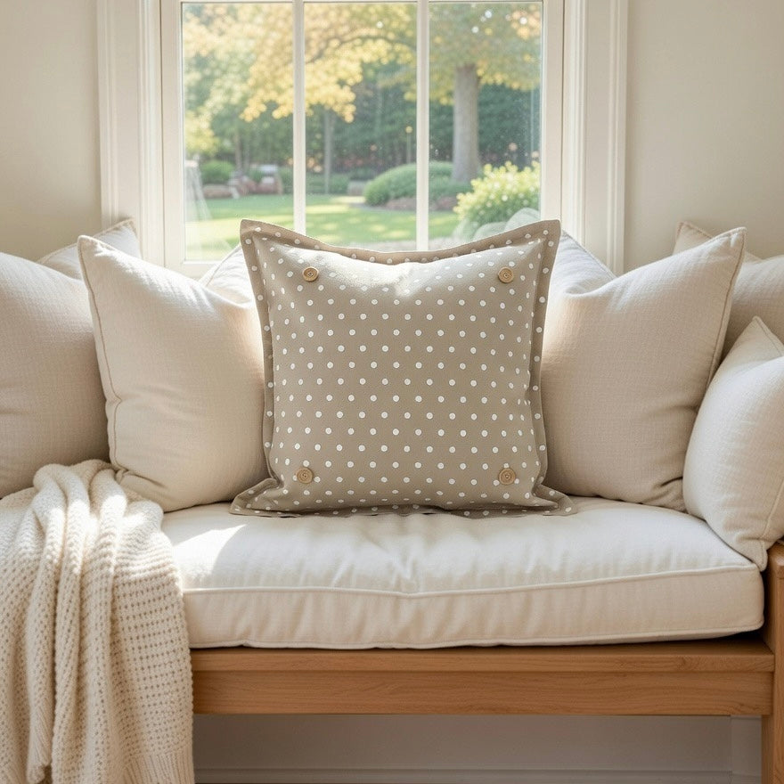 PILLOW ONLY: SQUARE Tan with white polka-dot spots Pillow; WHITE/TAN POLKA DOT PILLOW (with insert)