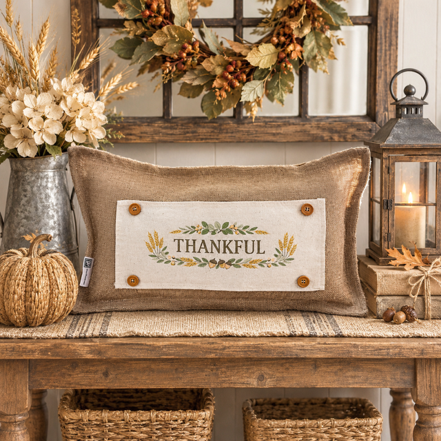 NEW!  PANEL ONLY:  Fall Autumn wheat acorns berries Thanksgiving; THANKFUL