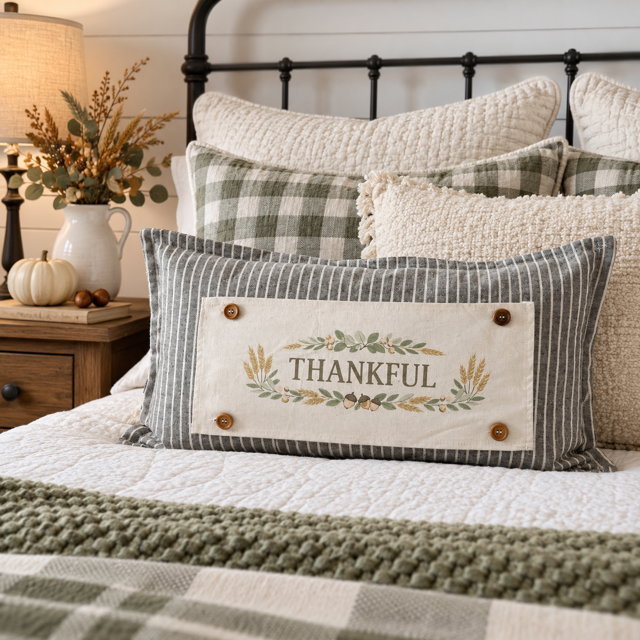 NEW!  PANEL ONLY:  Fall Autumn wheat acorns berries Thanksgiving; THANKFUL