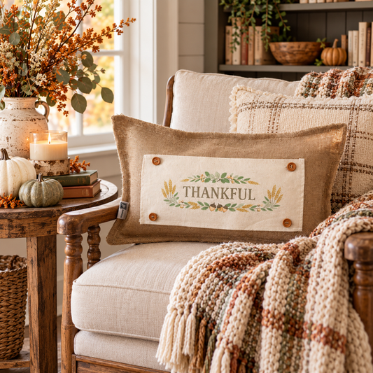 NEW!  PANEL ONLY:  Fall Autumn wheat acorns berries Thanksgiving; THANKFUL