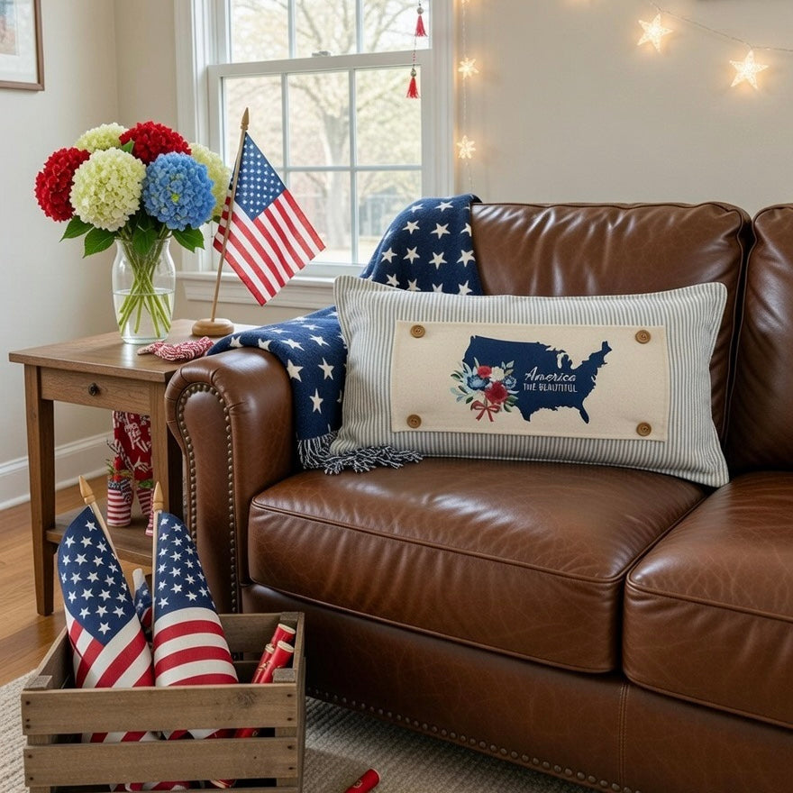 PANEL ONLY: RECTANGLE Summer; Picnic Table Cloth Stars Stripes America, Red, White, Blue; USA MAP