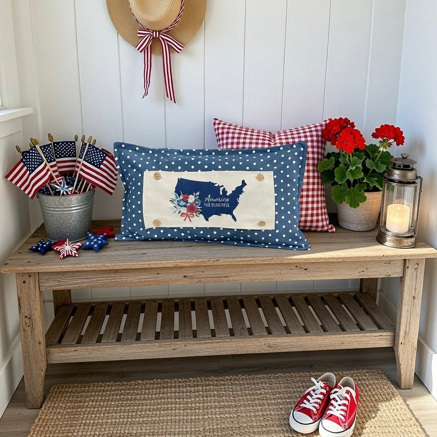 PANEL ONLY: RECTANGLE Summer; Picnic Table Cloth Stars Stripes America, Red, White, Blue; USA MAP