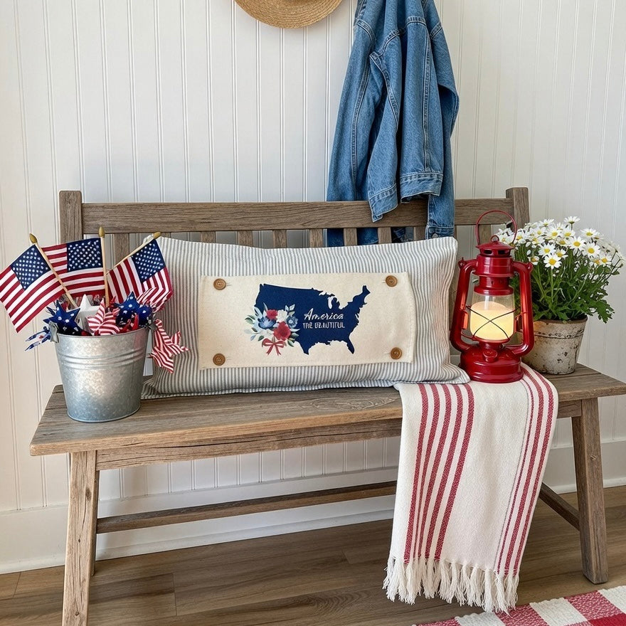 PANEL ONLY: RECTANGLE Summer; Picnic Table Cloth Stars Stripes America, Red, White, Blue; USA MAP