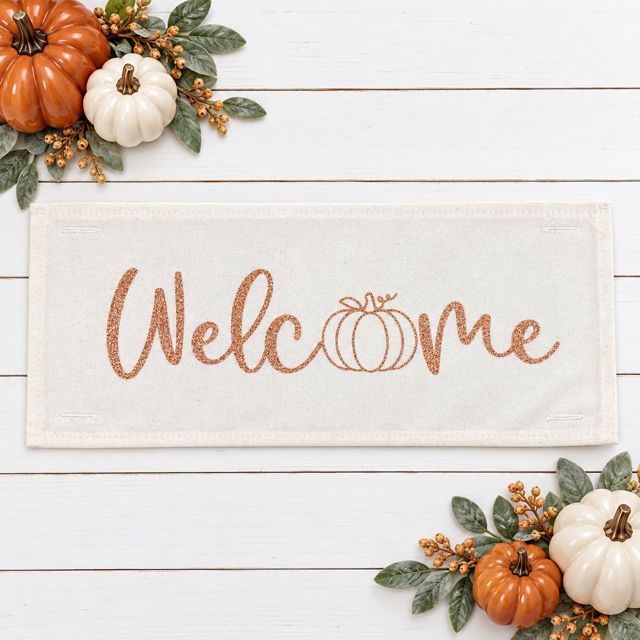GLITTER PANEL ONLY: RECTANGLE Seasonal Panel: Fall, Autumn, House Warming, Host, Halloween, Thanksgiving; WELCOME PUMPKIN