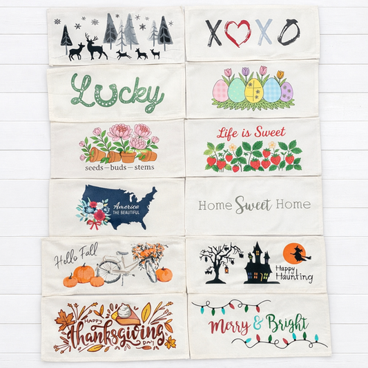 12 PANELS ONLY BUNDLE: RECTANGLE throw pillow Year of Panels Bundle SAVE!!!: DEER, XOXO, LUCKY, QUILTED EGGS, PEONIES, LIFE IS SWEET, USA MAP, HOME SWEET HOME, FALL BIKE, HAUNTED HOUSE, THANKSGIVING PIE, MERRY & BRIGHT