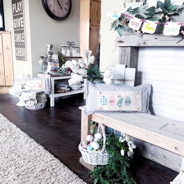 NEW! WINTER BUNDLE 26:  GRAY TICKING STRIPE pillow, SNOWMAN SCARVES, XOXO, PASTEL EGGS