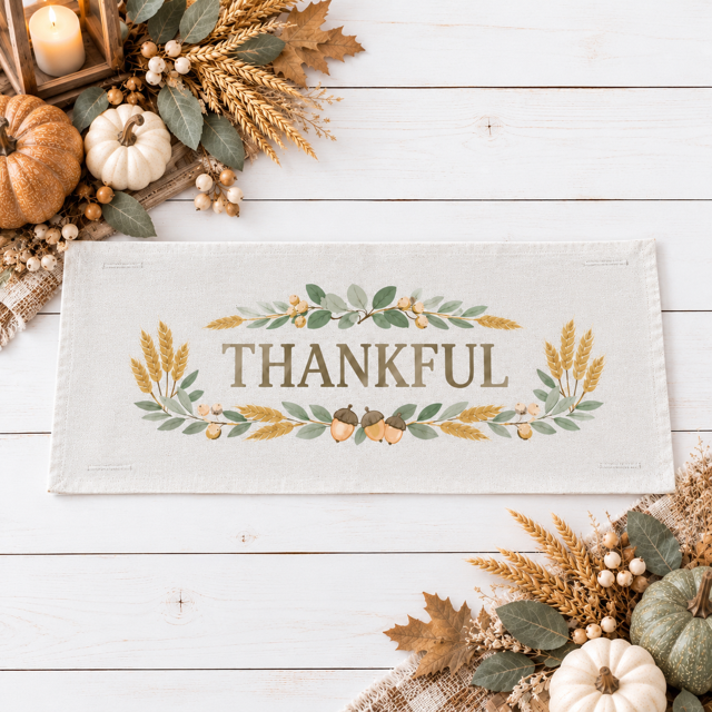 NEW!  PANEL ONLY:  Fall Autumn wheat acorns berries Thanksgiving; THANKFUL