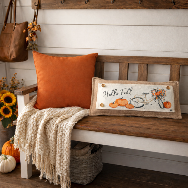 PANEL ONLY: RECTANGLE Hello Fall Floral Vintage, Boho, Autumn; FALL BIKE