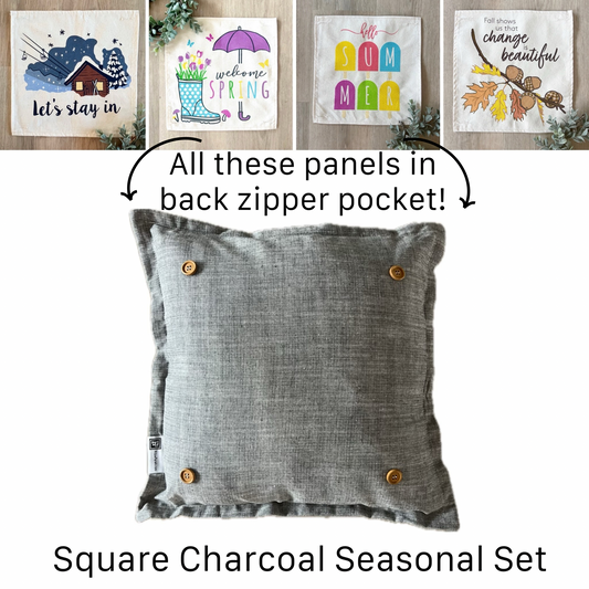 SQUARE BUNDLE SET: Charcoal Gray Solid Pillow (comes with foam insert and these 4 panels in back pocket); Winter Spring Summer Fall Autumn:  FALL BRANCH, SUMMER POPSCICLE, SPRING RAIN BOOT/UMBRELLA, SKI LODGE CHAIRLIFT