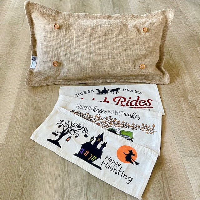 NEW! BUNDLE SET: Burlap Idaho Potato Farm Sack Bag Pillow  (comes with insert and these 3 panels inside back pocket); Winter Spring Summer Fall Autumn: HAUNTED HOUSE, TRACTOR, SLEIGH RIDE