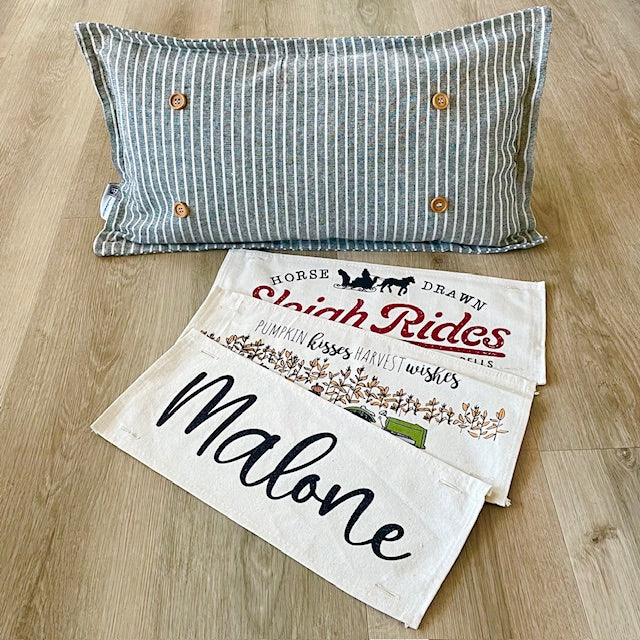 BUNDLE SET!  SAVE! Custom FALL Wedding Gift Bundle:  3 seasons + CHARCOAL/GALVINIZED STRIPES pillow + custom last name panel & TRACTOR / SLEIGH RIDES / CUSTOM LAST NAME PANEL