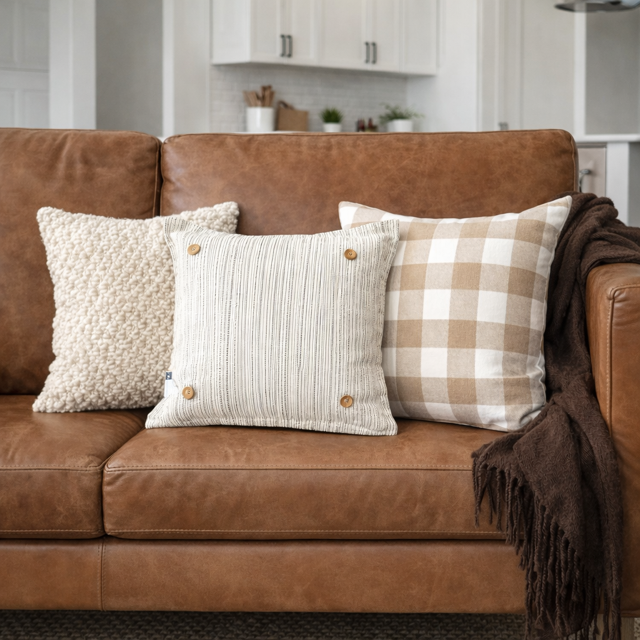 PILLOW ONLY: SQUARE Ticking Stripes Pillow;  CREAM/BLACK/TAN TICKING STRIPES PILLOW (with insert)