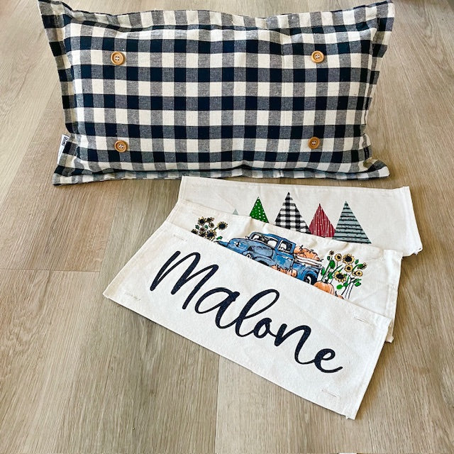 BUNDLE SET!  SAVE!  
NEW! Custom FALL Wedding Gift Bundle:  2 seasons + GINGHAM/BUFFALO CHECK pillow + custom last name panel: PUMPKIN TRUCK / UGLY SWEATER TREES /CUSTOM LAST NAME PANEL