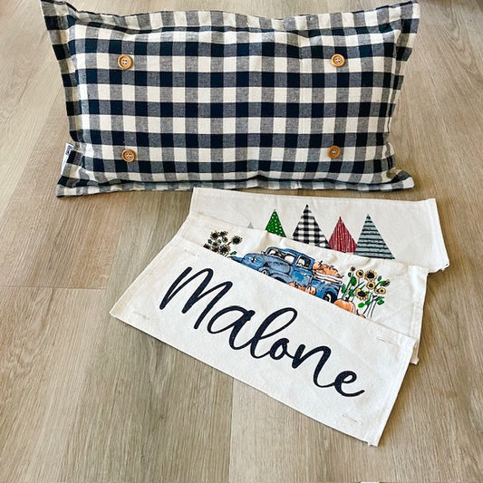 BUNDLE SET!  SAVE!  
NEW! Custom FALL Wedding Gift Bundle:  2 seasons + GINGHAM/BUFFALO CHECK pillow + custom last name panel: PUMPKIN TRUCK / UGLY SWEATER TREES /CUSTOM LAST NAME PANEL
