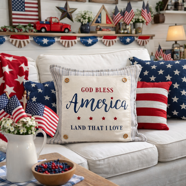 PANEL ONLY: SQUARE patriotic, Americana, home of the brave, 4th of July, blue and red, LAND THAT I LOVE