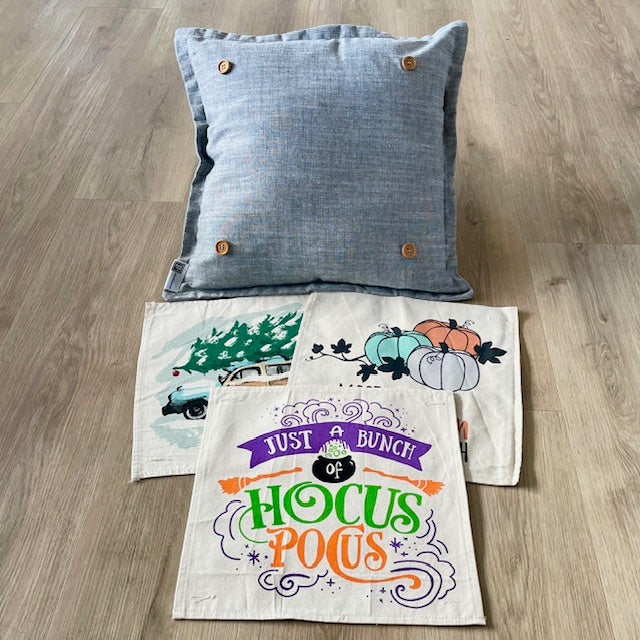 BUNDLE SET!  SAVE!  
Square Charcoal Gray Solid Pillow (comes with foam insert and these 3 panels in back pocket); Winter Spring Summer Fall Autumn:  HOCUS POCUS, PUMPKIN PATCH, STATIONWAGON