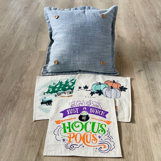 BUNDLE SET!  SAVE!  
Square Charcoal Gray Solid Pillow (comes with foam insert and these 3 panels in back pocket); Winter Spring Summer Fall Autumn:  HOCUS POCUS, PUMPKIN PATCH, STATIONWAGON