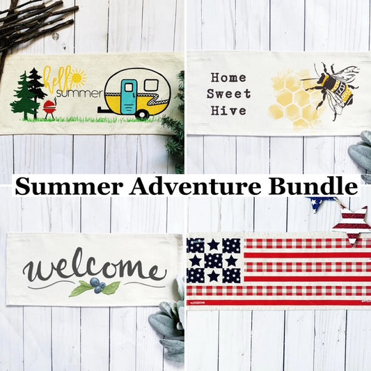 4 PANELS ONLY BUNDLE: RECTANGLE Summer Adventure Bundle SAVE!!!:WELCOME, SUMMER CAMPER, HOME SWEET HIVE, BARN QUILT FLAG