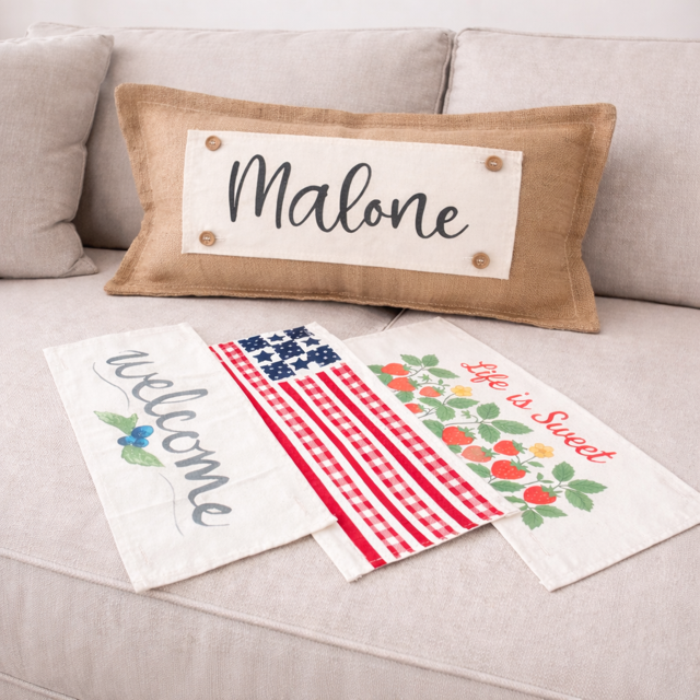 NEW! RECTANGLE SUMMER/FALL WEDDING BUNDLE:  3 seasons + BURLAP pillow:  LIFE IS SWEET, BARN QUILT, NEW WELCOME, CUSTOM PANEL