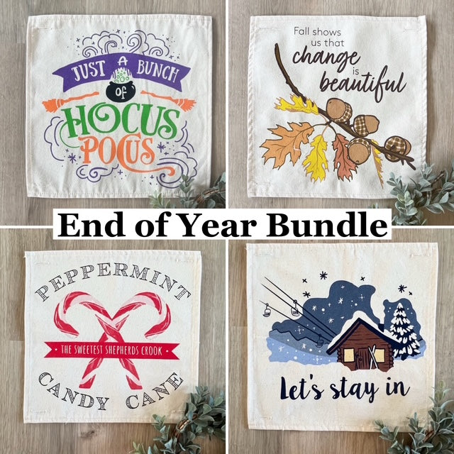 4 PANELS ONLY: SQUARE End of Year Bundle (4 pack) SAVE!!!: HOCUS POCUS, ACORN BRANCH, CANDY CANES, SKI LODGE
