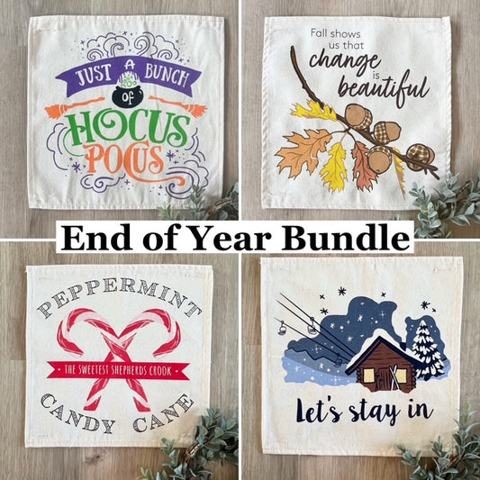 4 PANELS ONLY: SQUARE End of Year Bundle (4 pack) SAVE!!!: HOCUS POCUS, ACORN BRANCH, CANDY CANES, SKI LODGE