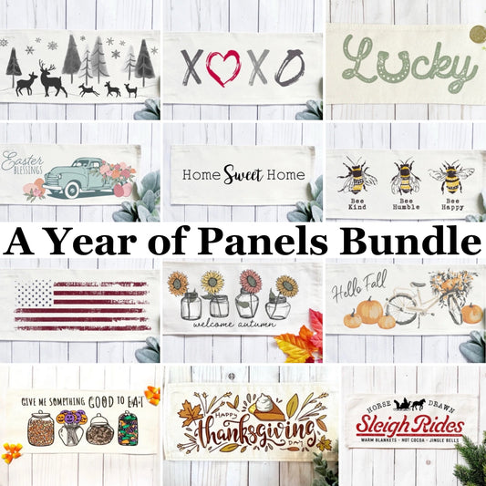 12 PANELS ONLY BUNDLE: RECTANGLE Year of Panels Bundle SAVE!!!: DEER, XOXO, LUCKY, EASTER TRUCK, HOME SWEET HOME, 3 BEES, OLD GLORY, SUNFLOWERS, FALL BIKE, CANDY JARS, THANKSGIVNG PIE, SLEIGH RIDES