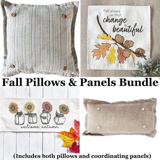 2 PILLOWS 2 PANELS BUNDLE: Fall Pillows & Panels Bundle. SQUARE TICKING STRIPED PILLOW, ACORN BRANCH, SUNFLOWERS, BURLAP PILLOW