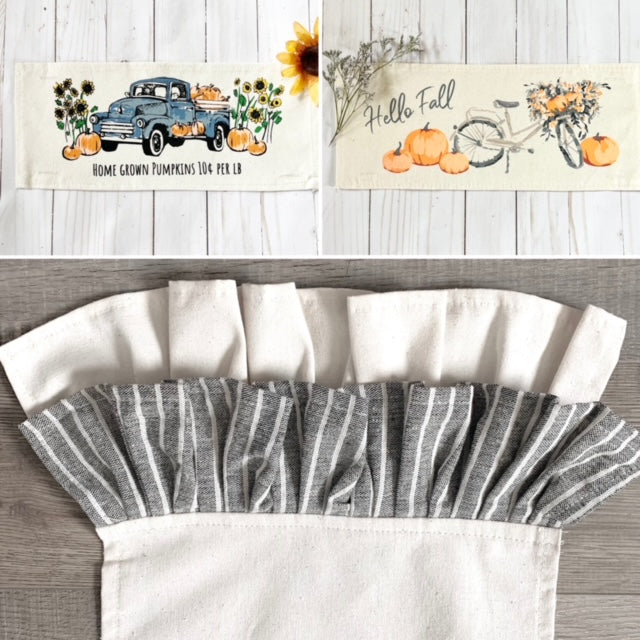 PARTY PACKAGE BUNDLE: Holiday Panel Thanksgiving November Fall Autumn, farmhouse charcoal runner: VINTAGE SUNFLOWER PUMPKIN TRUCK / FALL BIKE +  CHARCOAL/CREAM TABLE RUNNER