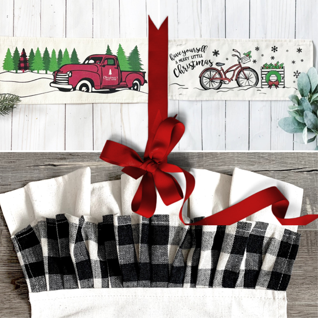 2 PANELS & RUNNER BUNDLE: RECTANGLE Holiday Pillow Cover Panel Christmas Winter: Runner Combo VINTAGE CHRISTMAS BIKE / RED TRUCK + BUFFALO CHECK RUNNER