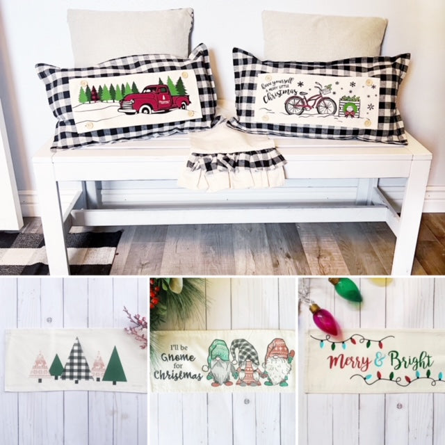 2 PANELS & RUNNER BUNDLE: RECTANGLE Holiday Pillow Cover Panel Christmas Winter: Runner Combo VINTAGE CHRISTMAS BIKE / RED TRUCK + BUFFALO CHECK RUNNER