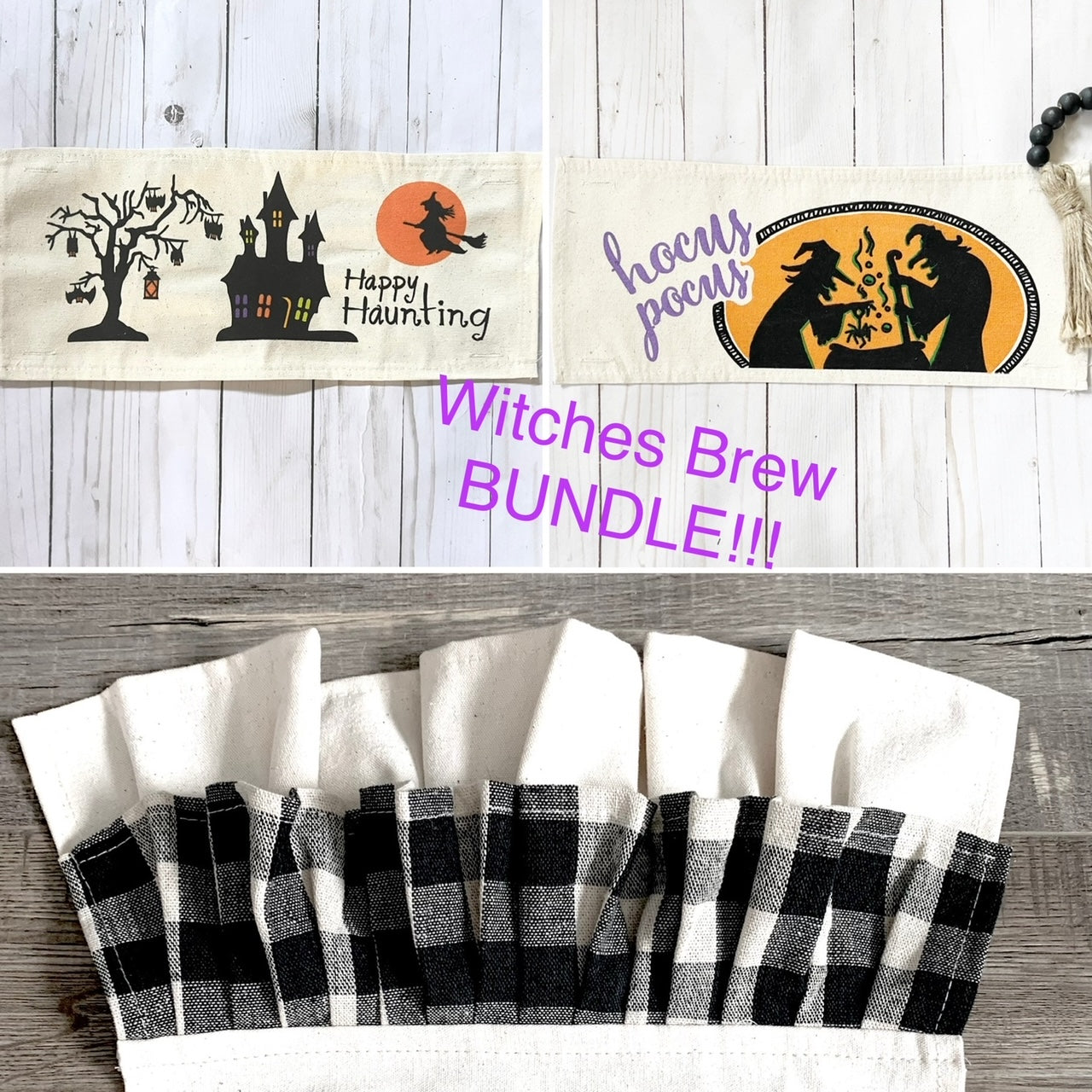 PARTY PACKAGE BUNDLE: Holiday Panel Halloween October Fall Autumn: Hocus Pocus HAPPY HAUNTING / WITCHES BREW + BUFFALO CHECK RUNNER