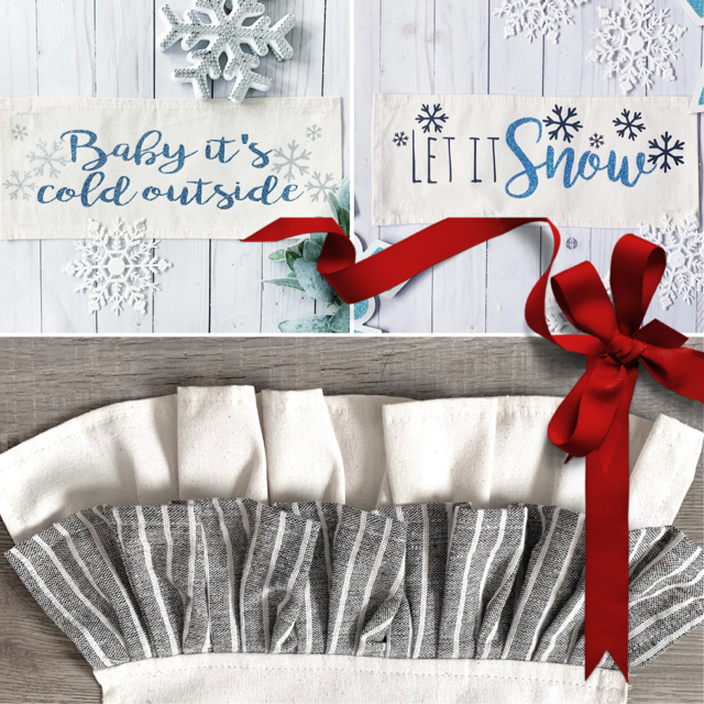 NEW!  GLITTER GIFT PARTY PACKAGE BUNDLE: Holiday Pillow Cover Panel Christmas Winter Wonderland:  GLITTER LET IT SNOW / BABY IT'S COLD OUTSIDE + CHARCOAL/CREAM STRIPES TABLE RUNNER