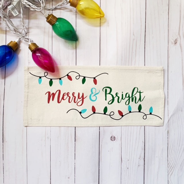 PANEL ONLY RECTANGLE:  Holiday Panel: Winter, Christmas Lights, String of Lights, Farmhouse, Red, Green, Blue ; MERRY & BRIGHT